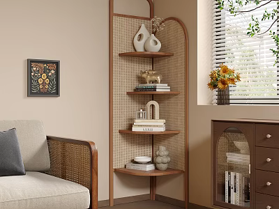 Wooden Arched Shelf With Decorative Vases Books In Living Room By Sofa And Framed Painting 3d model