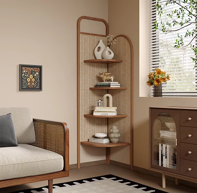 Wooden Arched Shelf With Decorative Vases Books In Living Room By Sofa And Framed Painting 3d model