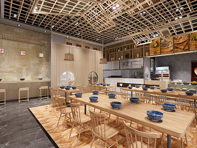 Wooden Themed Restaurant Interior With Open Kitchen Wooden Tables Blue Bowls And Lattice Ceiling 3d model