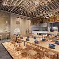 Wooden Themed Restaurant Interior With Open Kitchen Wooden Tables Blue Bowls And Lattice Ceiling