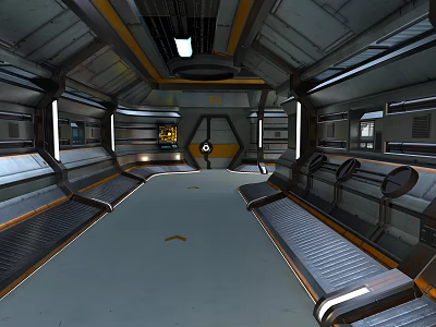 Futuristic Spaceship Interior Scene with Metallic Benches Control Consoles and Ambient Lighting 3d model