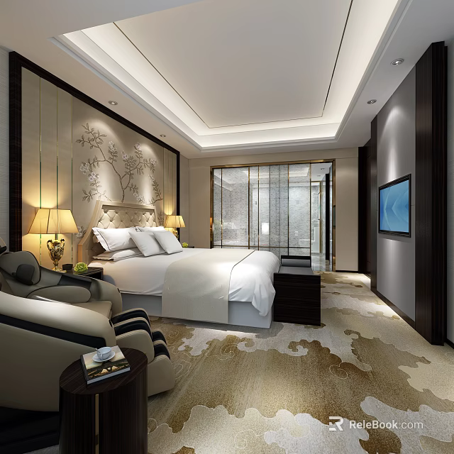 Luxurious Hotel Room Interior With Large Bed Sofa Patterned Carpet And Flat Screen TV 3d model
