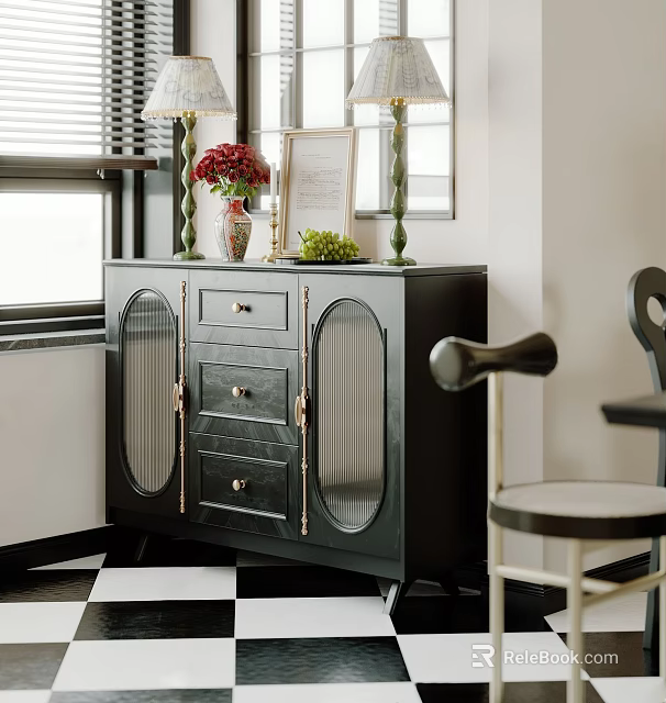 Elegant Black Sideboard With Glass Doors Drawers And Decorative Vase Plant Candlesticks 3d model 