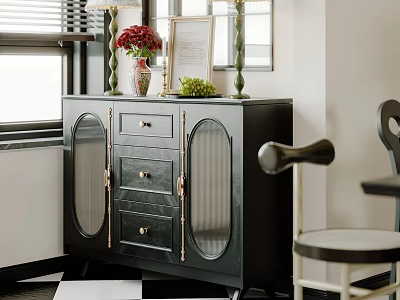 Elegant Black Sideboard With Glass Doors Drawers And Decorative Vase Plant Candlesticks 3d model