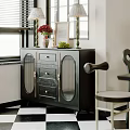 Elegant Black Sideboard With Glass Doors Drawers And Decorative Vase Plant Candlesticks