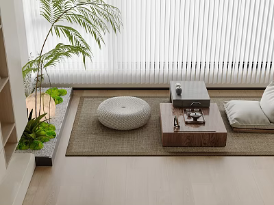 Minimalist Wooden Tea Table And Chairs In Tatami Room With Green Plants And White Blinds 3d model