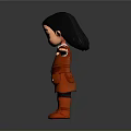 3D Cartoon Elf Character With Black Short Hair Red Dress White Sleeves And Outstretched Arms