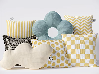 Assorted Patterned Throw Pillows Including Floral Striped Checkered Polka Dot and Cloud Shapes 3d model