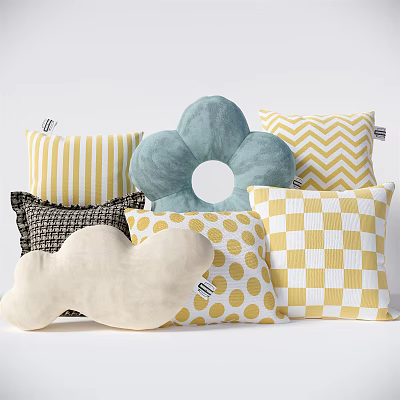 Assorted Patterned Throw Pillows Including Floral Striped Checkered Polka Dot and Cloud Shapes 3d model