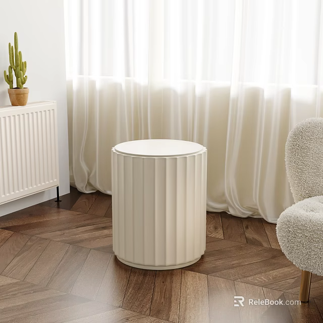 White Cylindrical Pleated Side Table on Wooden Floor with White Curtains and Natural Light 3d model 