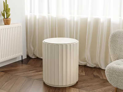 White Cylindrical Pleated Side Table on Wooden Floor with White Curtains and Natural Light 3d model
