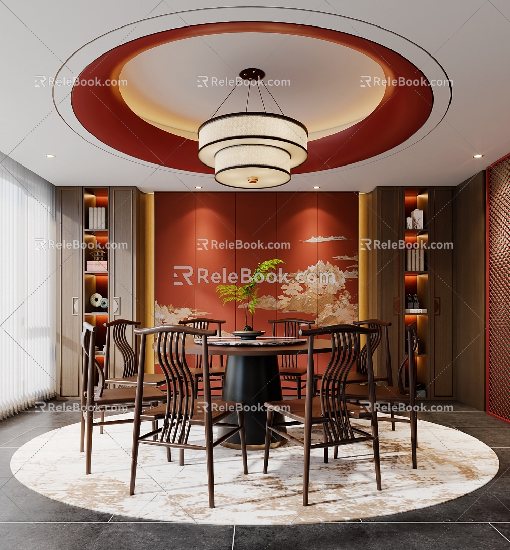 New Chinese Dining Room New Chinese Restaurant Dining Table and Chair Chandelier 3d model