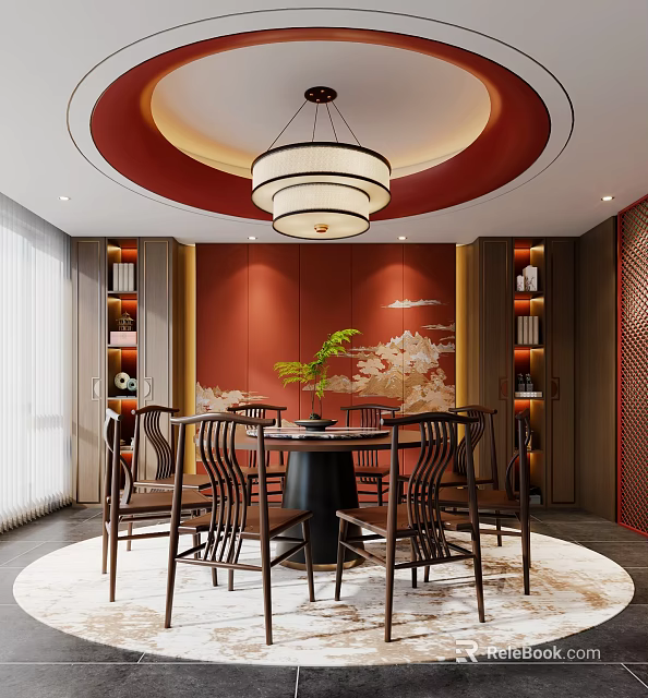 Private Dining Room with Red Walls Chinese Chandelier and Wooden Table Chairs 3d model 