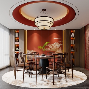 New Chinese Dining Room New Chinese Restaurant Dining Table and Chair Chandelier 3d model