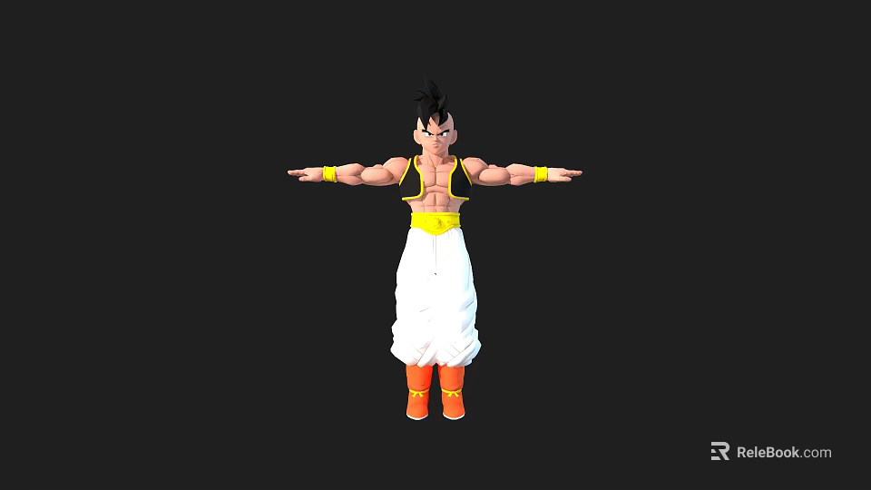 3D Model Character with Black Hair Yellow Vest White Pants Orange Shoes Arms Outstretched 3d model 