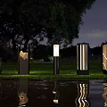Outdoor Lights With Various Modern Designs Illuminating Night Grass And Water Reflections