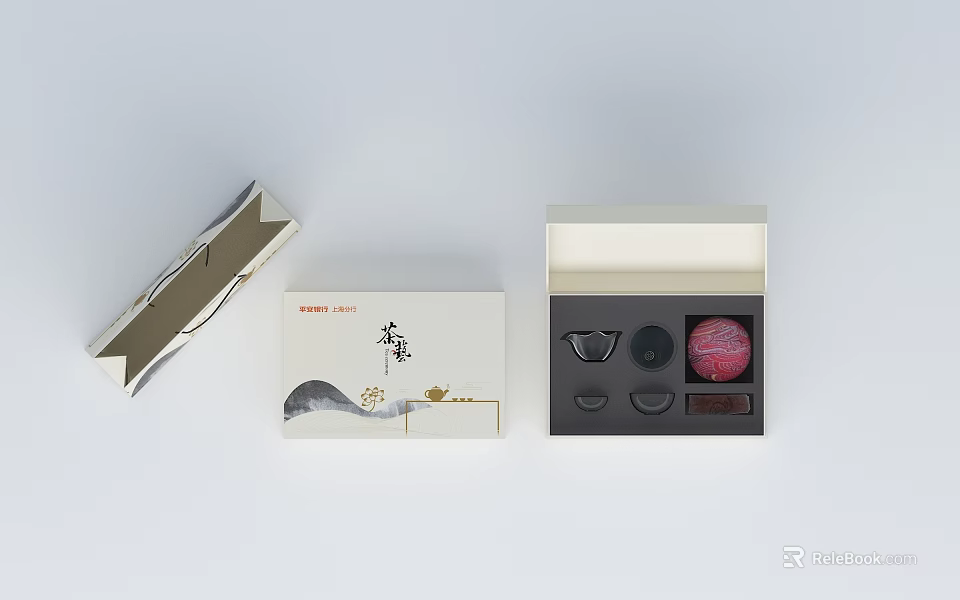 Chinese Style Decorative Ornament Set With Landscape Painting Packaging Box And Red Black Accessories 3d model 