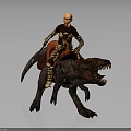 Armored Warrior Riding Fierce Reptilian Beast With Sharp Teeth And Red Saddle