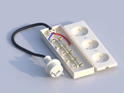 Electrical Switch Panel with White Casing Multiple Power Outlets Internal Metal Components and Connected Wires 3d model