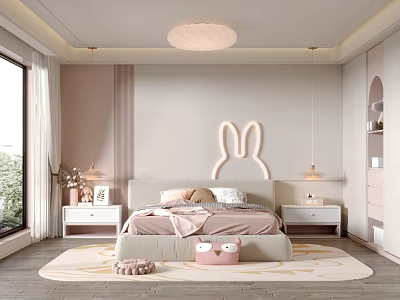 Kids Room Interior Design with Soft Pink Beige Tones Bunny Headboard Bed and Pendant Lights 3d model