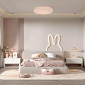 Kids Room Interior Design with Soft Pink Beige Tones Bunny Headboard Bed and Pendant Lights