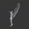 Shiny Metallic Silver Winged Humanoid Sculpture With Detailed Muscles And Outstretched Wings