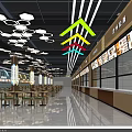 Spacious Food Court Restaurant Interior With Multiple Food Stalls Ceiling Lights And Tables Chairs