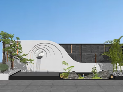 Modern Landscape Wall With Curved Design White Black Materials Water Feature And Green Plants 3d model