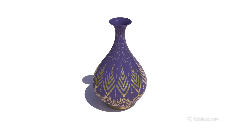 Purple Teardrop Shaped Ceramic Vase With Gold Leaf Patterns And Slender Neck 3d model 