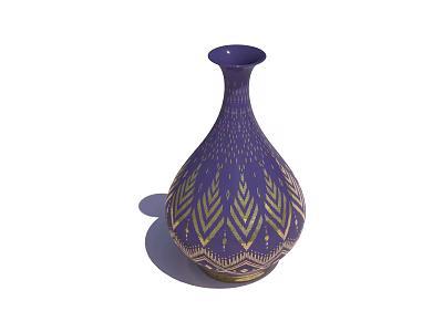 Purple Teardrop Shaped Ceramic Vase With Gold Leaf Patterns And Slender Neck 3d model
