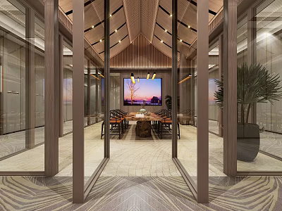 Modern Hotel Public Lounge Interior With Wooden Ceiling Decorative Wall Art And Pendant Lights 3d model