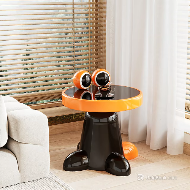 Stylish Side Table With Orange Decorative Balls On Round Top Black Base By Sofa Window 3d model 