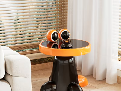 Stylish Side Table With Orange Decorative Balls On Round Top Black Base By Sofa Window 3d model