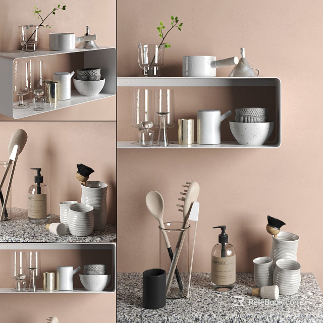 Modern Minimalist Kitchenware Display On Shelves With Bowls Mugs And Utensils 3d model 
