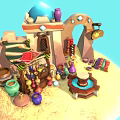 Cartoon Market Scene With Colorful Pottery Stall Arched Gateway And Small Fountain On Sandy Ground