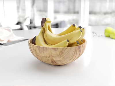 Fresh Ripe Bananas in Natural Wooden Bowl on White Kitchen Countertop 3d model