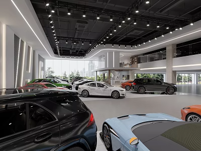 Modern Car Showroom With Various Colored Vehicles And Spacious Bright Interior 3d model