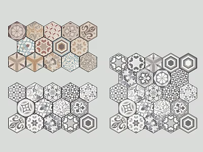 Decorative Hexagonal Floor Tiles With Various Colorful And Monochrome Artistic Patterns 3d model