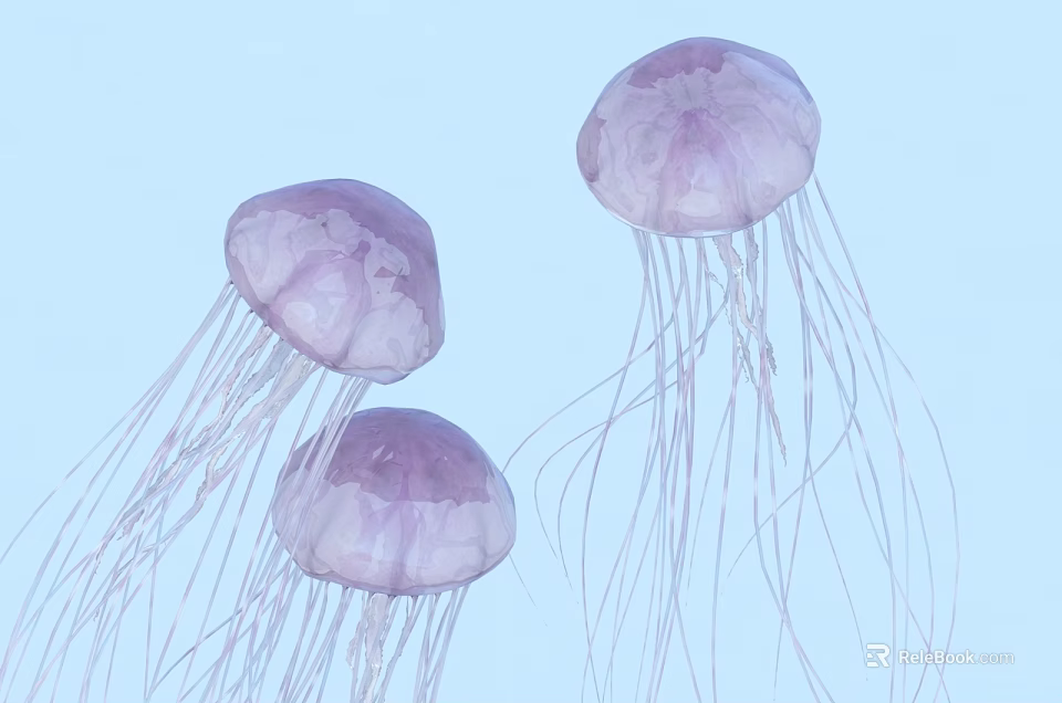 Three Purple Jellyfish Floating Gracefully In Light Blue Aquatic Water Scene 3d model 