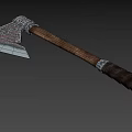 Ancient Weapon With Wooden Handle And Metal Head Featuring Intricate Red Black Labyrinth Patterns