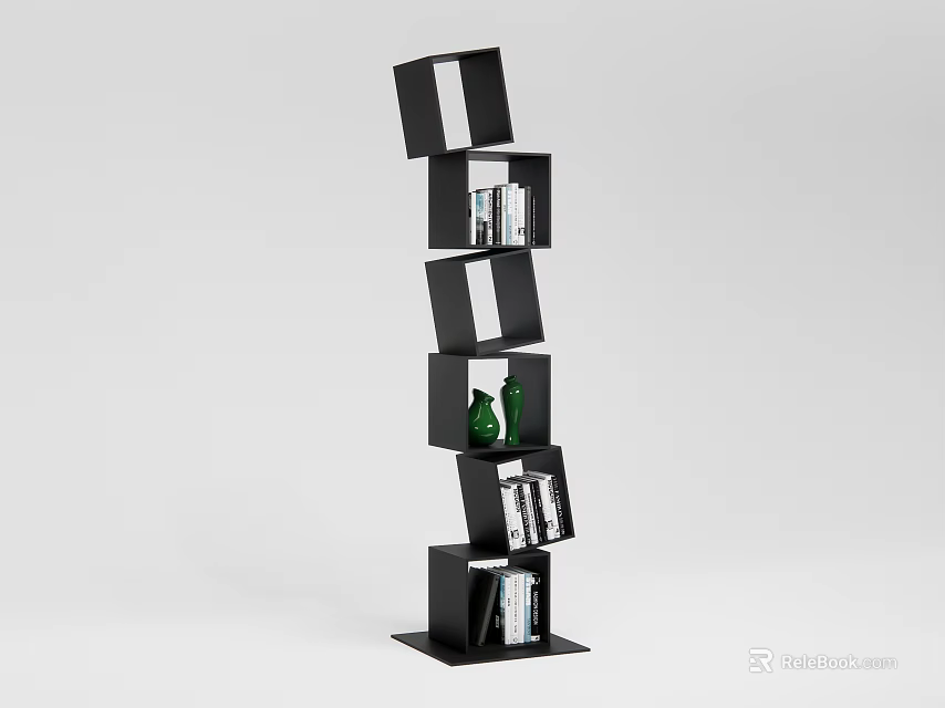 Black Modern Bookshelf With Irregular Compartments Featuring Books And Green Decorative Bottle 3d model 