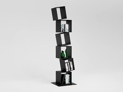 Black Modern Bookshelf With Irregular Compartments Featuring Books And Green Decorative Bottle 3d model