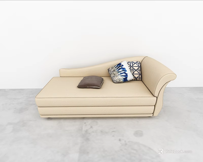 Modern Beige Chaise Lounge With Dark Colored And Blue White Patterned Cushions 3d model