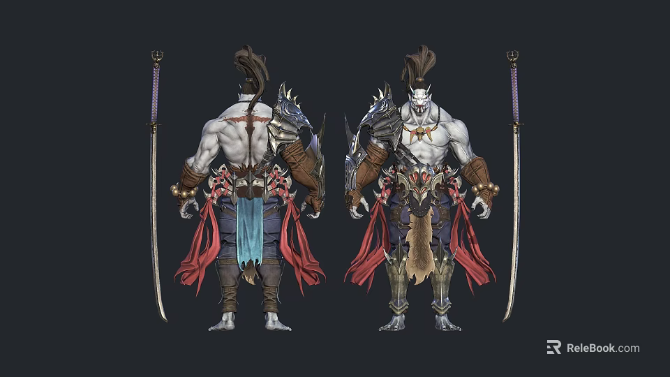 Warrior Character Design With Mythical Creature Inspired Armor And Red Blue Cape 3d model 
