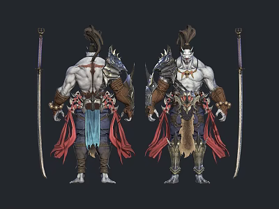 Warrior Character Design With Mythical Creature Inspired Armor And Red Blue Cape 3d model