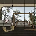 Wooden Hanging Swings Indoor Play Equipment with Cushions Green Plants and Window View