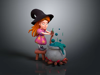 Cute Witch Girl Stirring Green Potion In Cauldron With Burning Firewood And Bubbles 3d model
