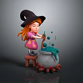 Cute Witch Girl Stirring Green Potion In Cauldron With Burning Firewood And Bubbles