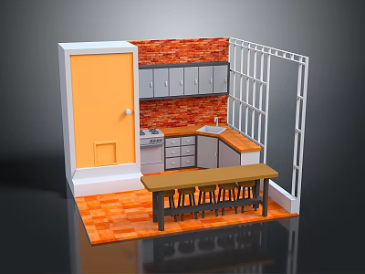 Kitchen Interior Design With Orange Door Brick Wall Gray Cabinets Island Stools And Orange Floor 3d model