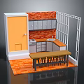 Kitchen Interior Design With Orange Door Brick Wall Gray Cabinets Island Stools And Orange Floor